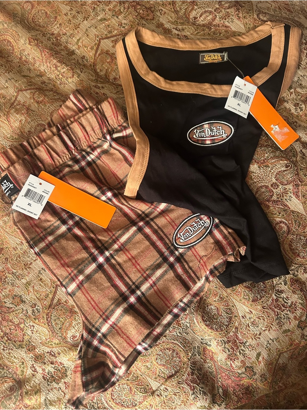 Von Dutch Black Tank Top with Tan Trim & Tan Plaid Boxer Shorts